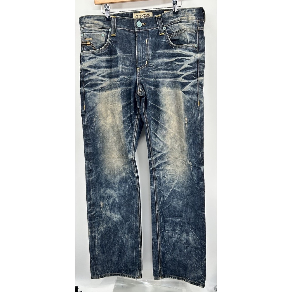 Affliction Blake Blue Distressed Jeans Acid Wash Finish Men's Size 36x34